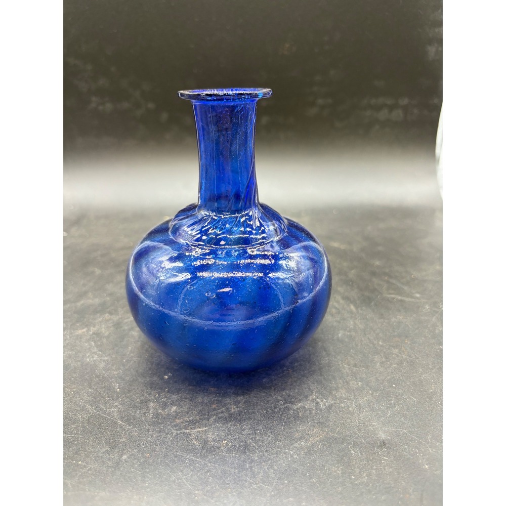 Vintage Cobalt Blue Hand Blown Glass Bud Vase Swirl Bud Vase 4.75 Inch
